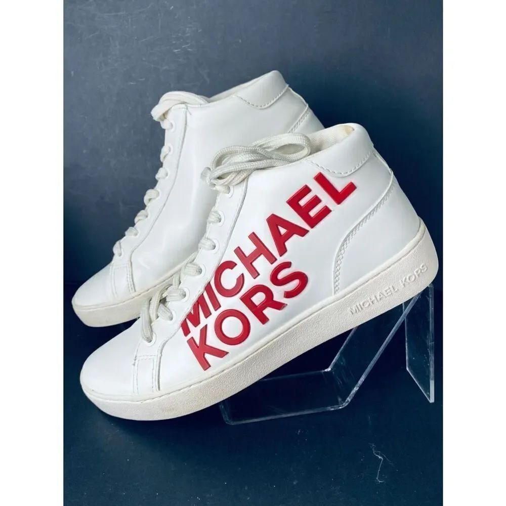 🛍️Michael Kors White Sneakers with Red Logo Mid-High-Tops - Picture 9 of 16